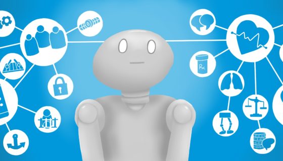 Educational robot surrounded by technology icons